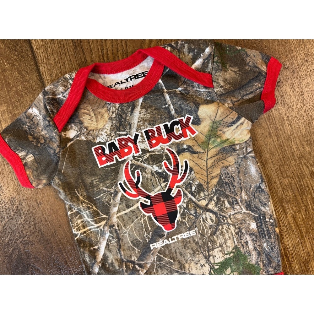 Realtree Bodysuit 6/9 Months Camo Baby Buck Red Buffalo Plaid Hunting Romper